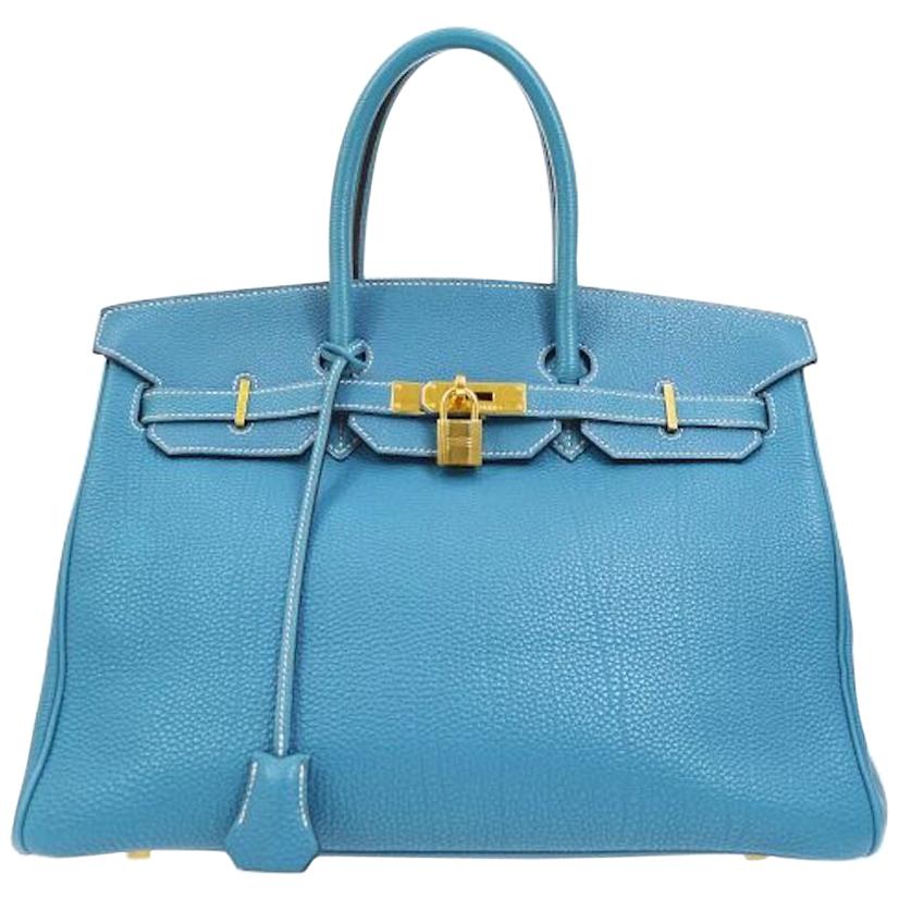 Hermes Birkin 35 Blue Leather Gold Top Carryall Handle Satchel Travel Tote Bag