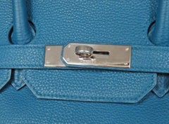 Hermes Birkin 35 Blue Leather Palladium Carryall Top Handle Satchel Tote