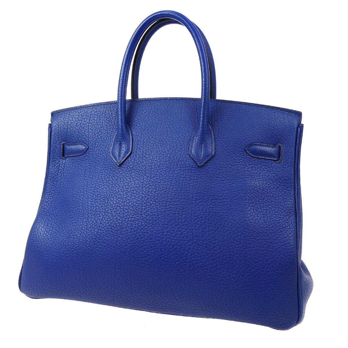 Women's Hermes Birkin 35 Blue Leather Palladium Top Handle Satchel Travel Tote Bag