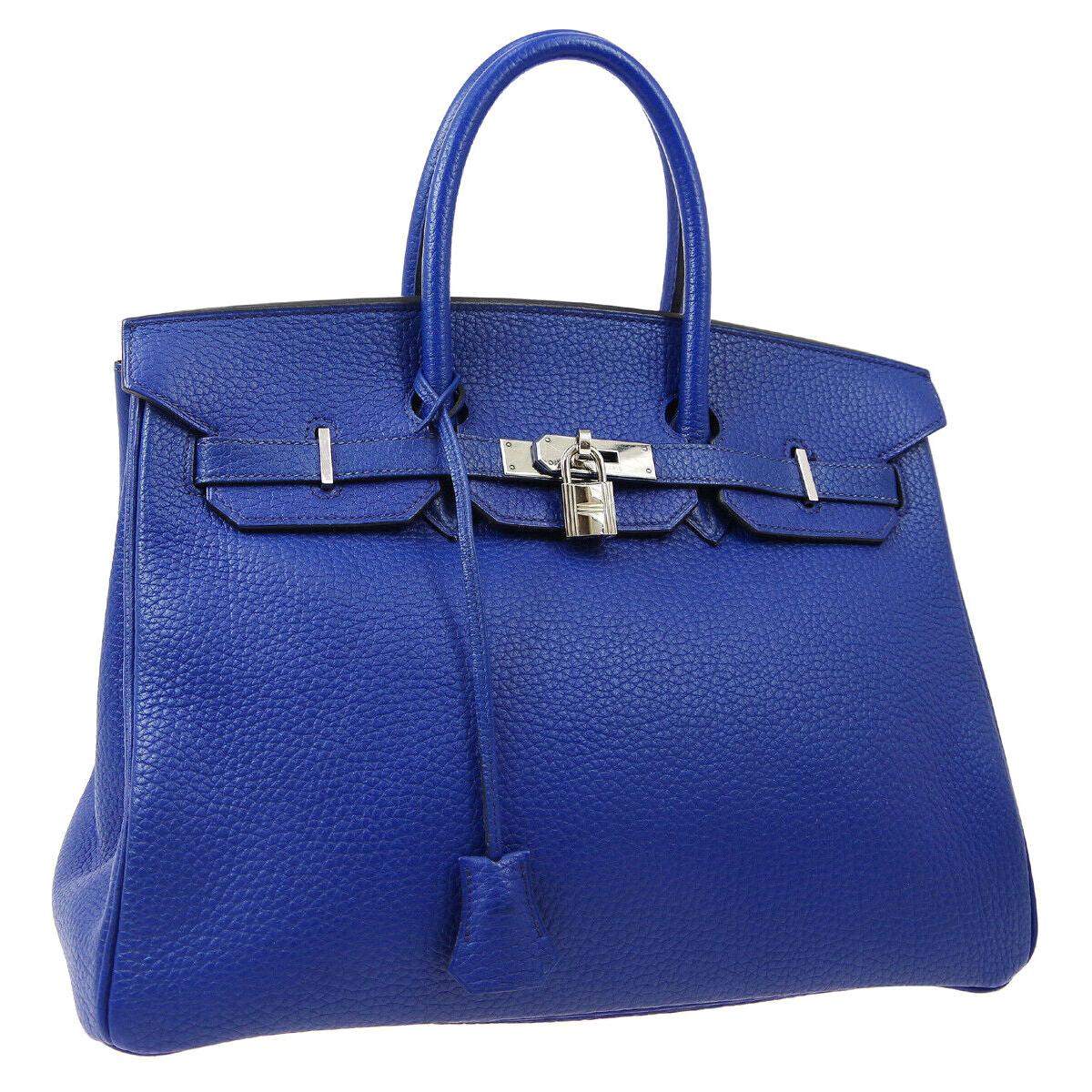 Hermes Birkin 35 Blue Leather Palladium Top Handle Satchel Travel Tote Bag