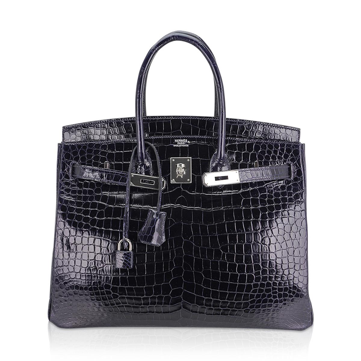 Noir Hermès - Sac Birkin 35 bleu marine en crocodile avec accessoires en palladium