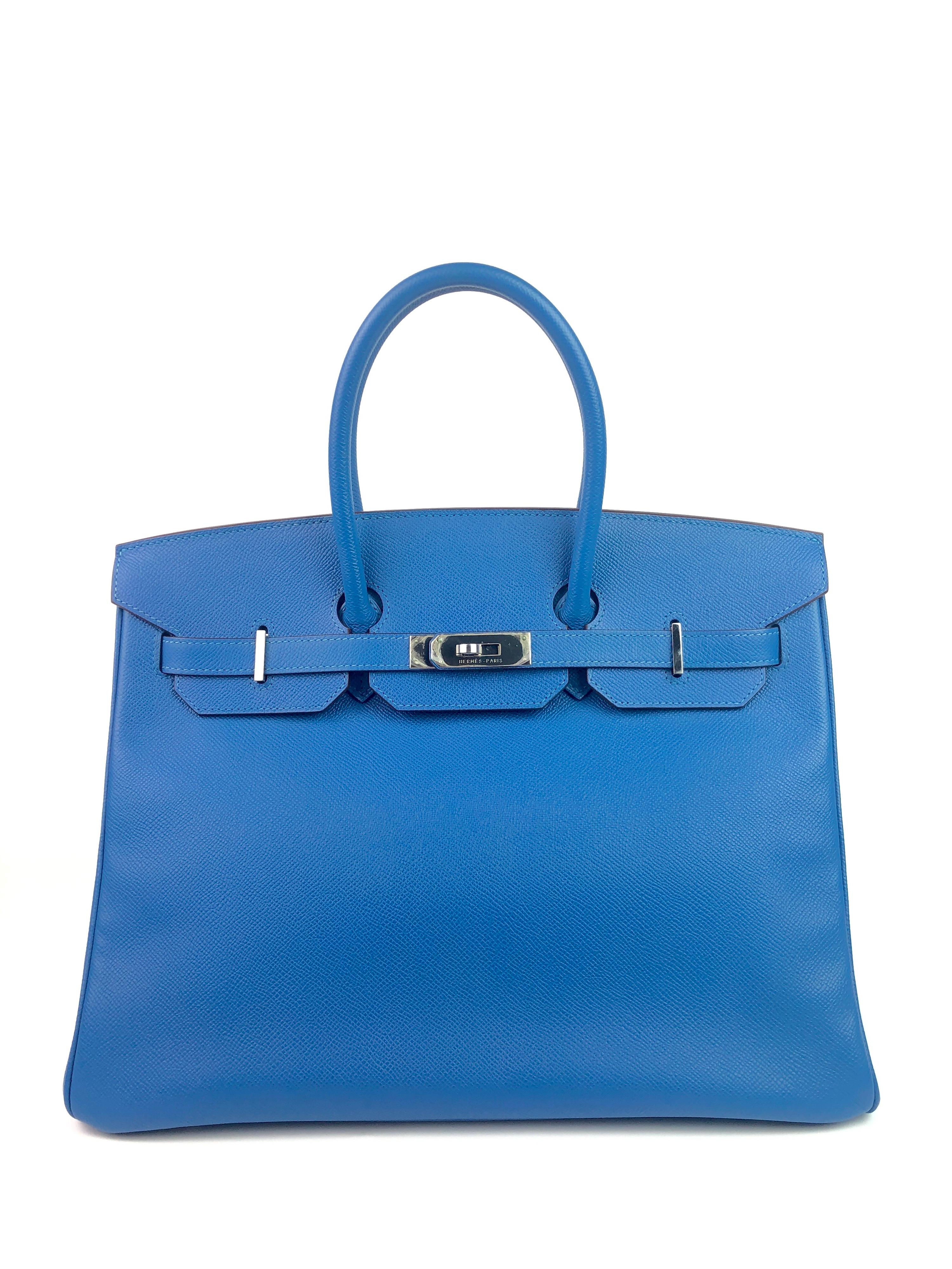 HERMES BIRKIN 35 BLUE MYKONOS EPSOM PALLADIUM HARDWARE.  Pristine condition with Plastic on Hardware and Feet, perfect corners and structure. 

Shop with Confidence from Lux Addicts. Authenticity Guaranteed! 
