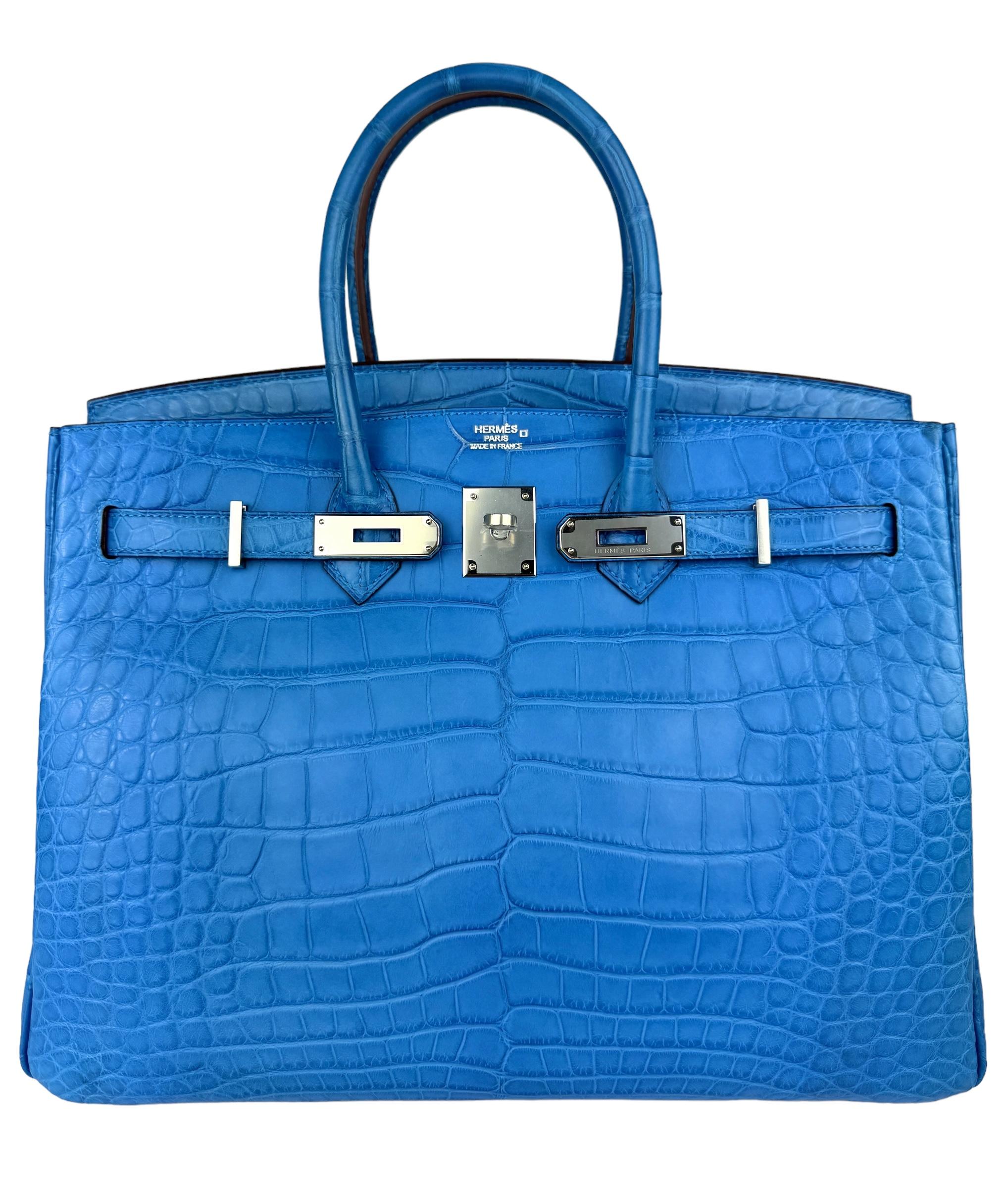 Absolutely Stunning RARE Collectors Piece. Absolutely Stunning RARE Collectors Piece. Hermes Birkin 35 Blue Mykonos Matte Alligator Leather. Complimented by Palladium Hardware. Pristine Condition, Plastic on hardware, excellent structure and