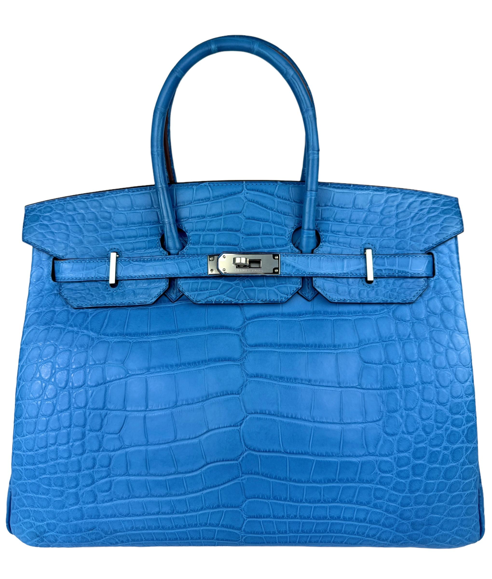 Women's or Men's Hermes Birkin 35 Blue Mykonos Matte Alligator Leather Palladium Hardware