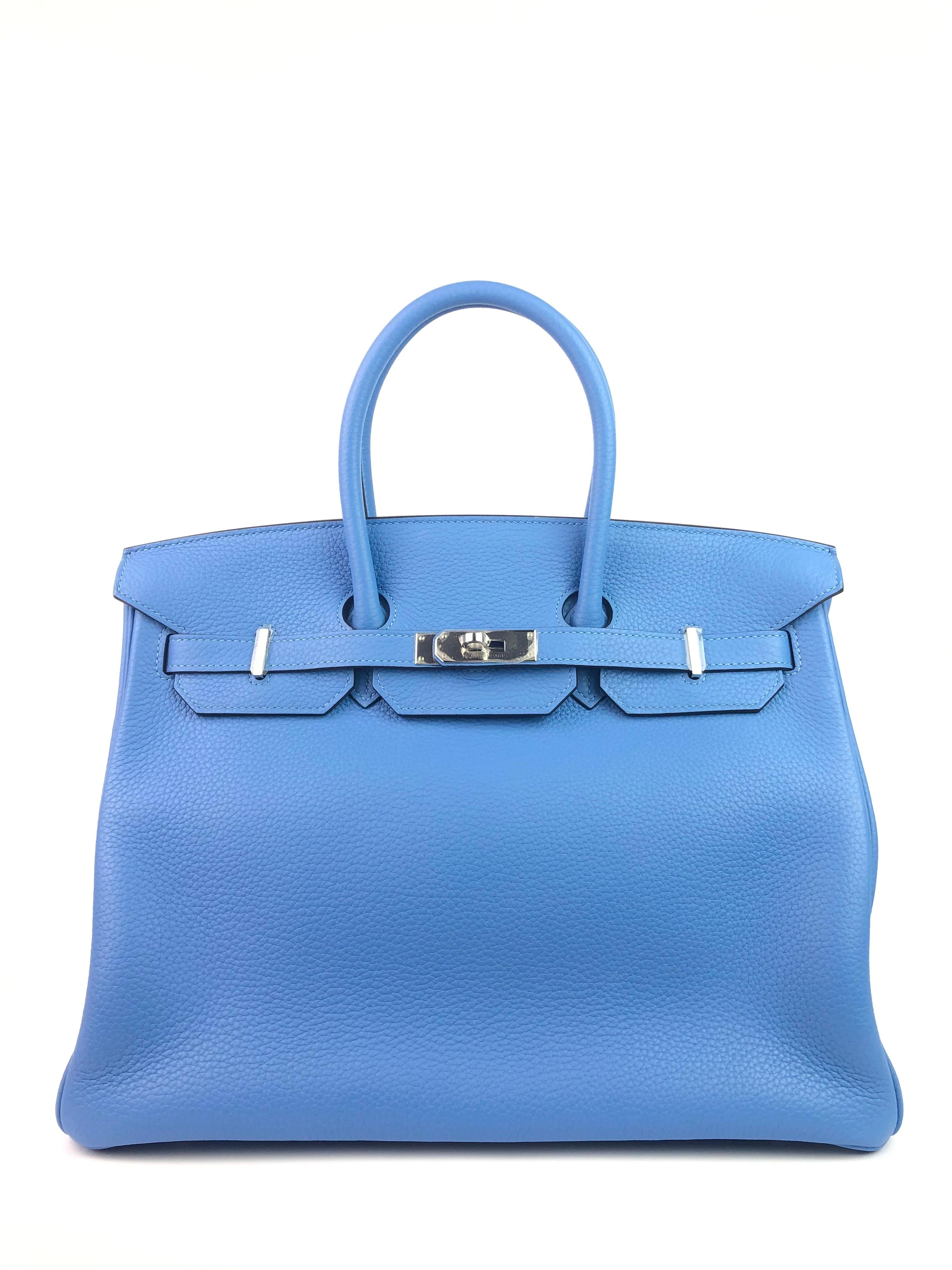 SELTENE HERMES BIRKIN 35 BLAU PARADIES PALLADIUM HARDWARE. Fast wie neu mit allen Kunststoff auf Hardware und Füße ausgezeichnete Ecken und Struktur. R Stempel 2014. 

Kaufen Sie mit Vertrauen bei Lux Addicts ein. Garantierte Echtheit!