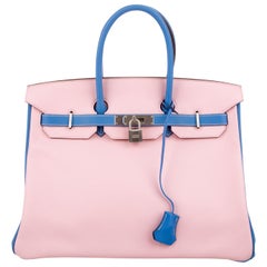 Hermes Birkin 35 Blue Pink Palladium Top Handle Satchel Tote Bag in Box