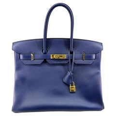 Hermes Birkin 35 Blaue Saphir-Handtasche mit goldenen Beschlägen