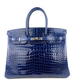 Hermes Birkin 35 Blue Sapphire Shiny Porosus Crocodile Palladium Hardware