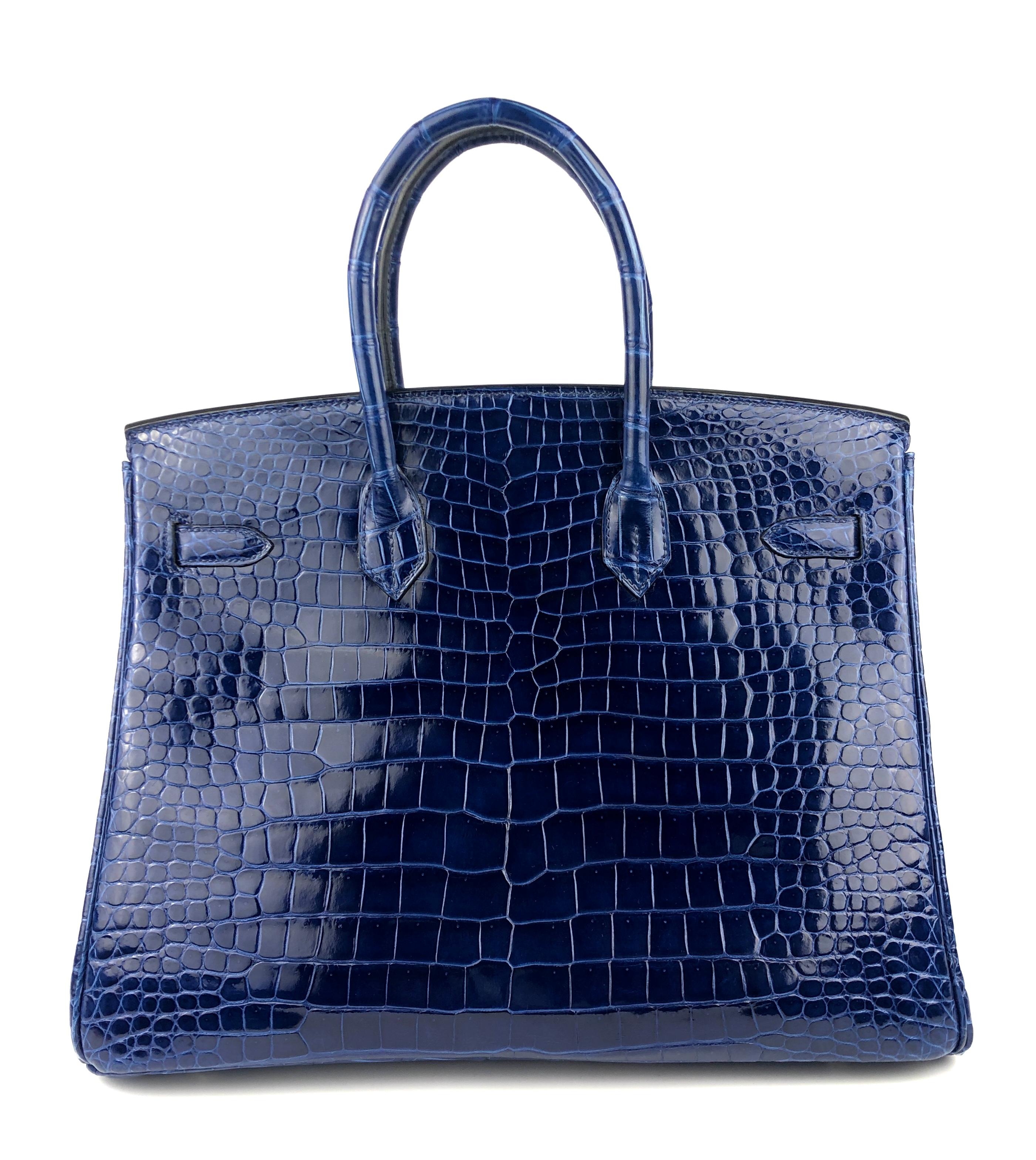 Hermes Birkin 35 Blue Sapphire Shiny Porosus Crocodile Palladium Hardware In Excellent Condition In Miami, FL