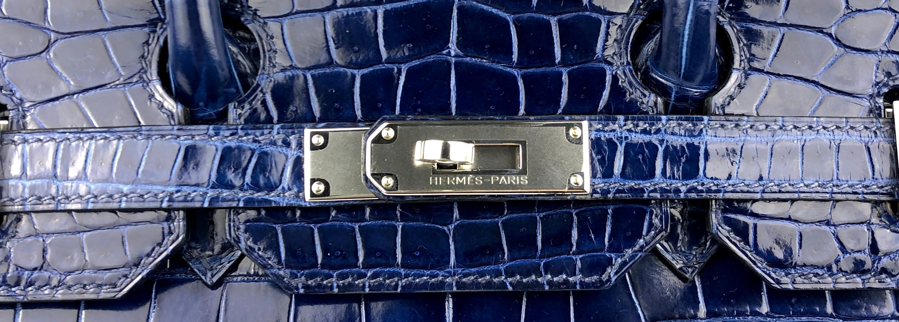 Women's or Men's Hermes Birkin 35 Blue Sapphire Shiny Porosus Crocodile Palladium Hardware