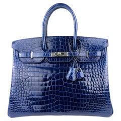 Hermes Birkin 35 Blue Sapphire Shiny Porosus Crocodile Palladium Hardware