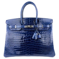 Hermes Birkin 35 Blau Saphir Glänzend Porosus Krokodil Palladium Hardware