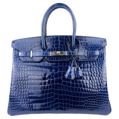 Hermes Birkin 35 Bag Blue Brighton Porosus Crocodile Palladium Hardwar –  Mightychic