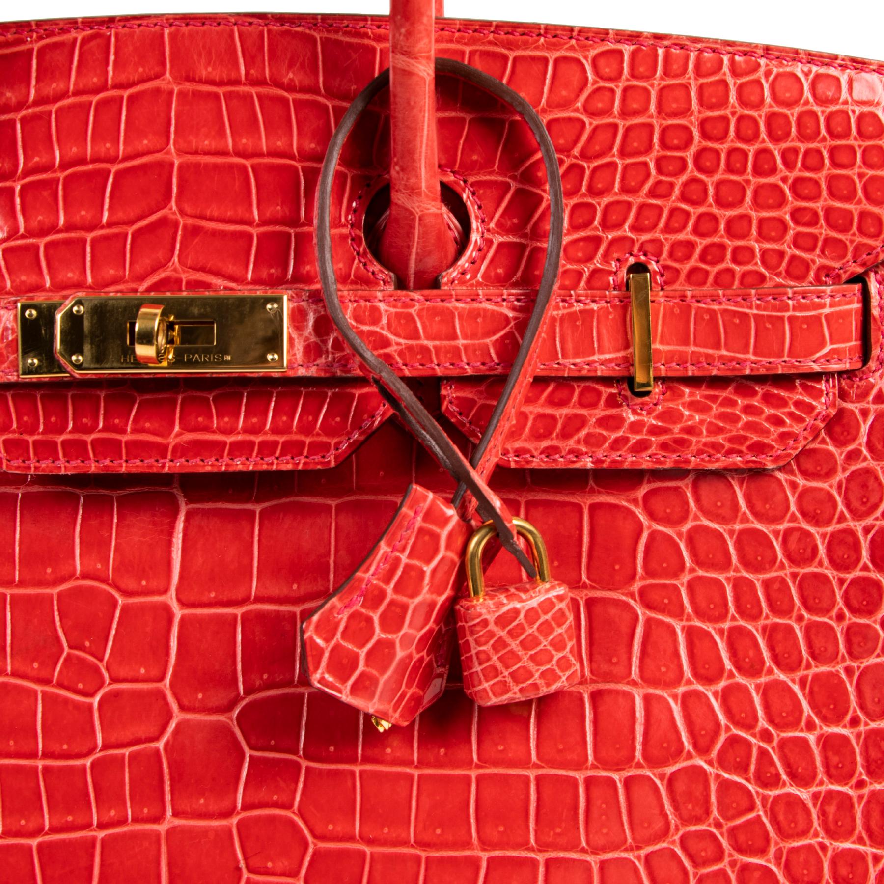 Red Hermès Birkin 35 Bougainvillier Crocodile Porosus GHW