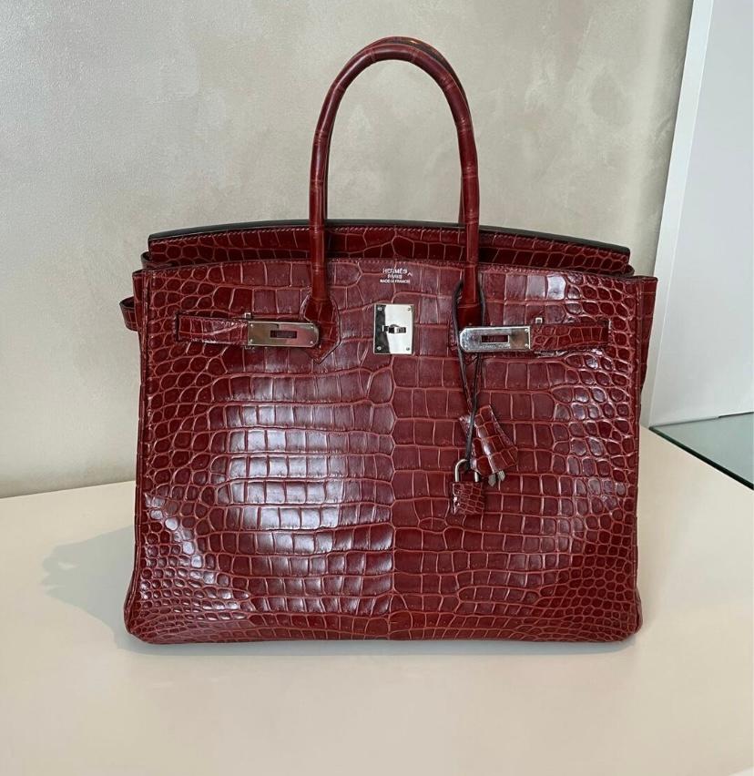 Brown Hermes Birkin 35 Bourgogne Porosus Crocodile With Palladium Hardware For Sale