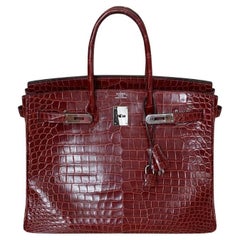 Hermes Birkin 35 Bourgogne-Porosus-Krokodil mit Palladiumbeschlägen