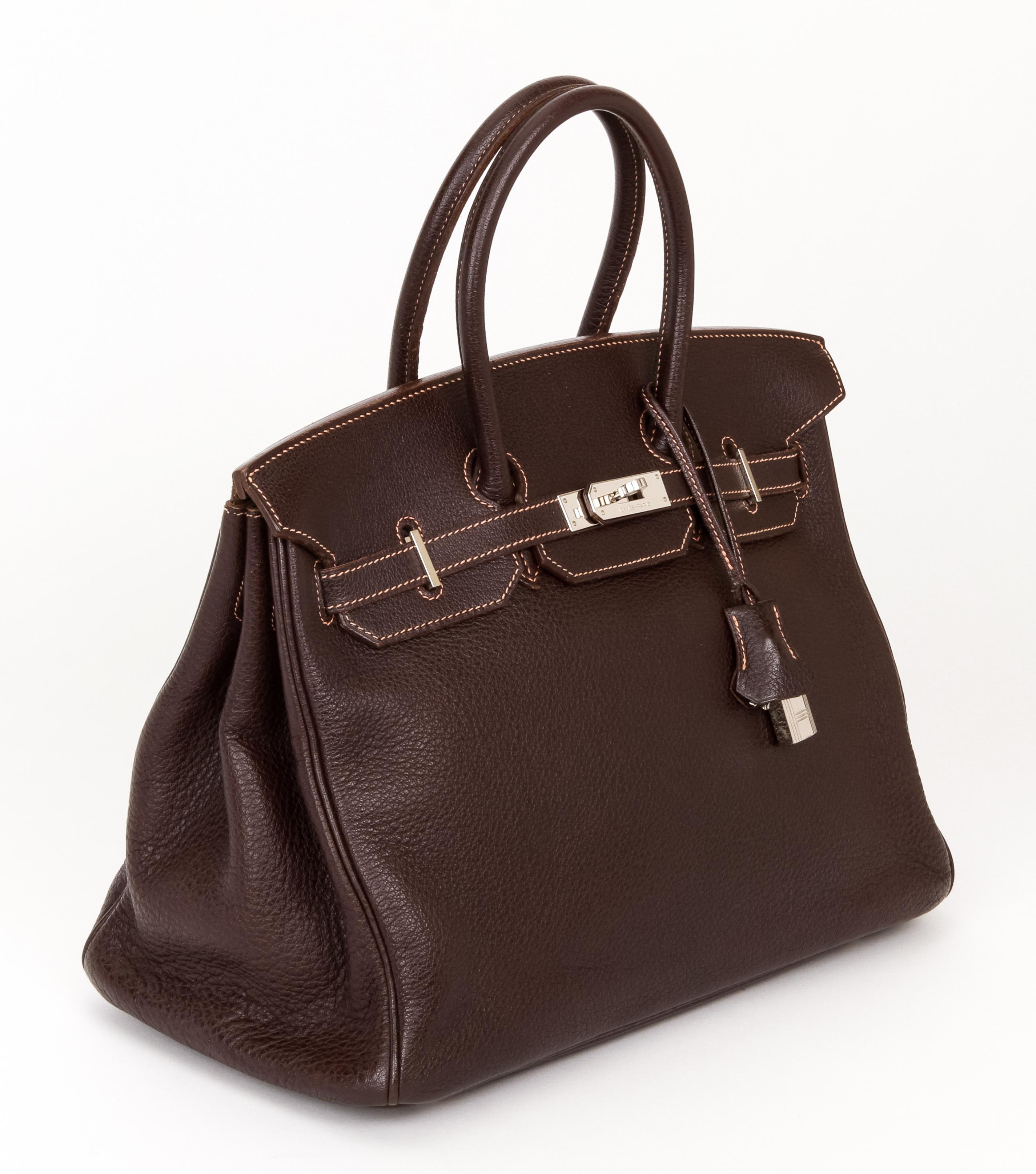 Hermès Birkin 35 cm in brown fjord leather, contrast stitching and palladium hardware. Handle drop, 4