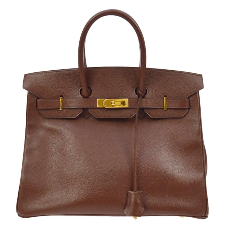 Hermes Birkin 35 Brown Leather Gold Top Carryall Handle Satchel Travel Tote Bag