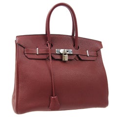 Hermes Birkin 35 Burgundy Leather Palladium Top Handle Satchel Travel Tote Bag