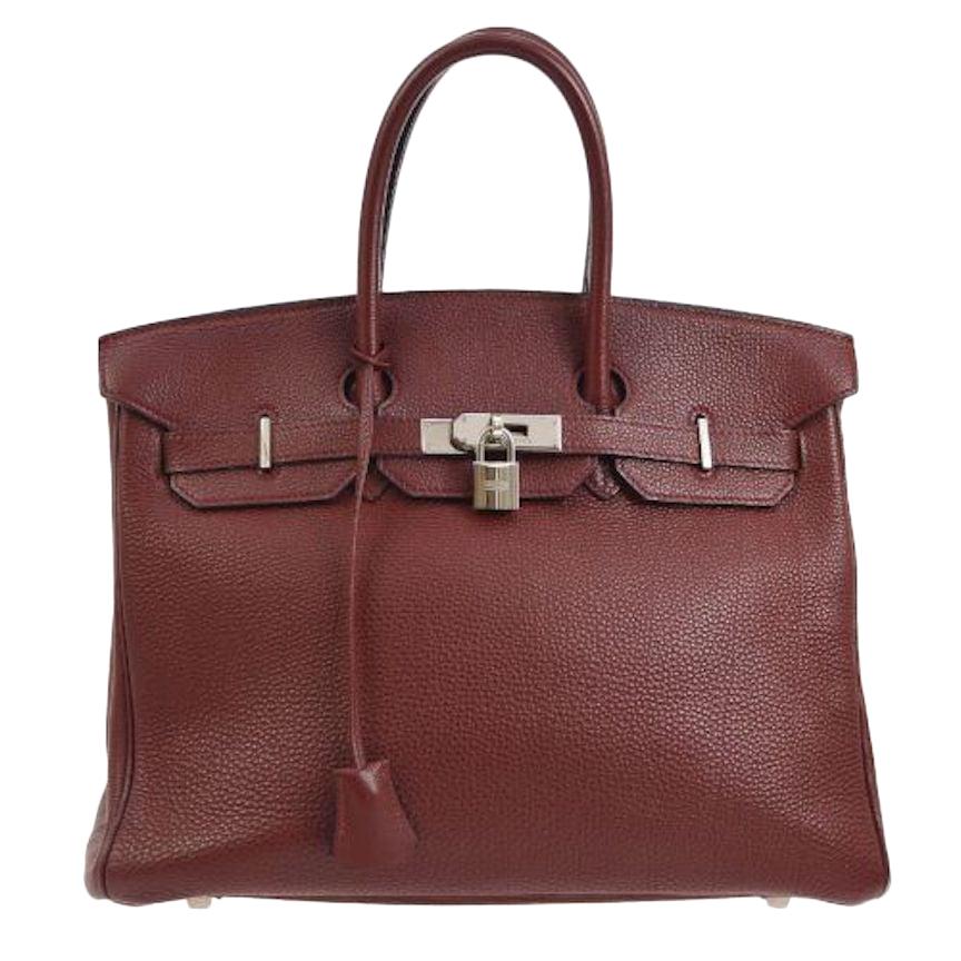 Hermes Birkin 35 Burgundy Leather Top Carryall Handle Satchel Travel Tote Bag
