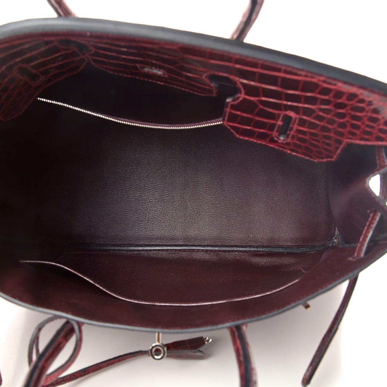 Black HERMES Birkin 35 Burgundy Shiny Porosus Crocodile Exotic Gold Tote Bag For Sale