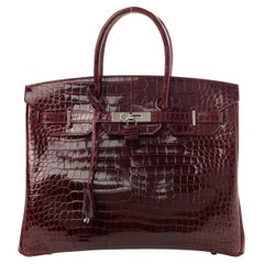 HERMES Birkin 35 Burgundy Shiny Porosus Crocodile Exotic Gold Tote Bag 