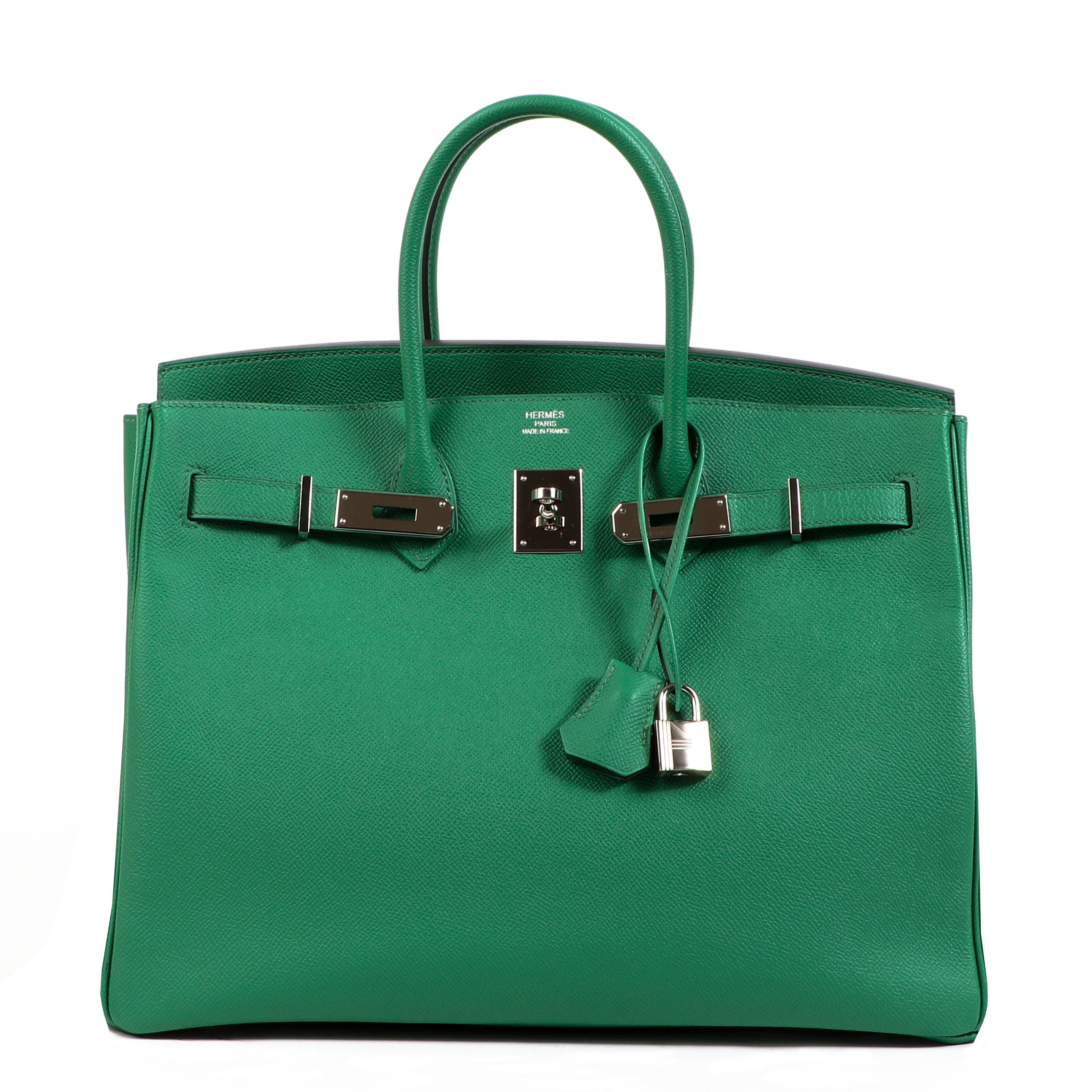 Hermès Birkin 35 Cactus Epsom Palladium Hardware

Everyone will be green with envy when you carry this Hermès Birkin 35 in Cactus green.

Made from Epsom leather, the bag has a slightly slouchy shape due to the Retourné finish. The palladium plated
