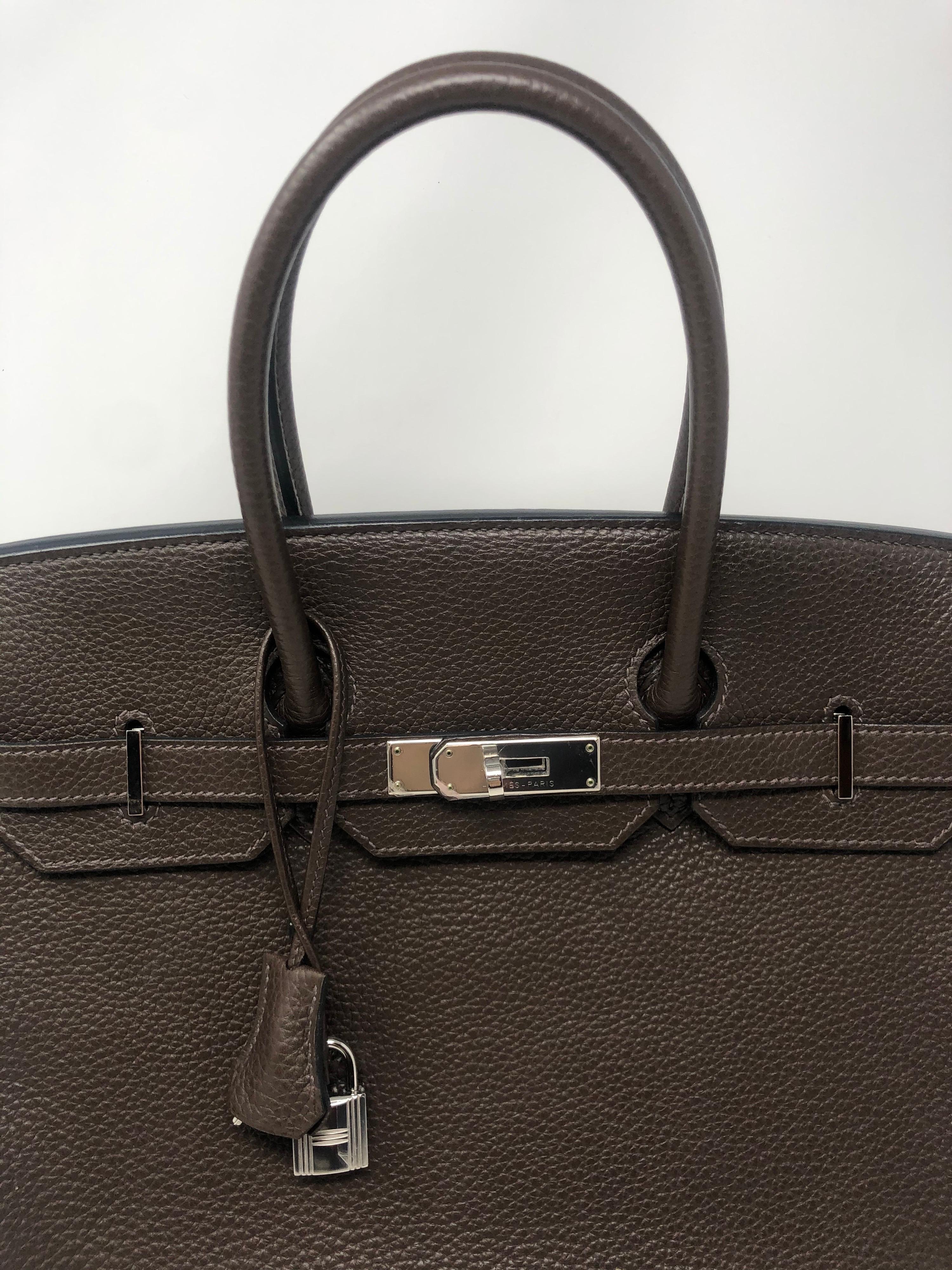 Hermes Birkin 35 Cafe Bag. Beautiful brown leather Birkin. Palladium hardware. Excellent condition. Comes with original receipt. From 2015. Looks brand new. Full set. Includes clochette, lock, keys, dust cover and box. Guaranteed authentic. 