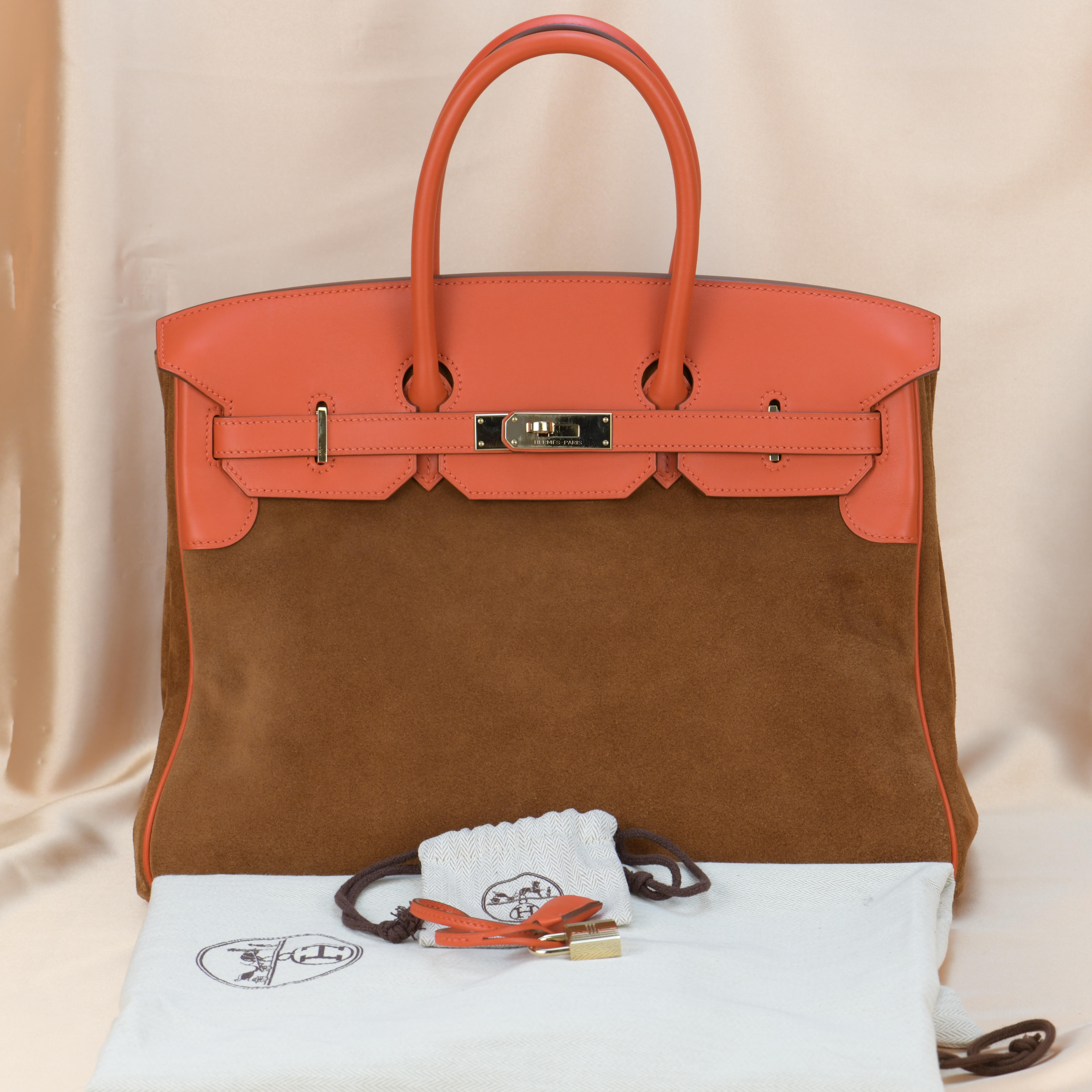 Brand	Hermès
Model	Birkin 35cm
Measurements    	Approx. 35cm L x 26cm H x 18cm D
Leather    Chamois and Evercolor 
Date Stamp	Q in a Square	
Color	Grizzly Brown and Capucine Red
Date	Circa 2013
Metal	Permabrass
Condition	Excellent Condition
Comes