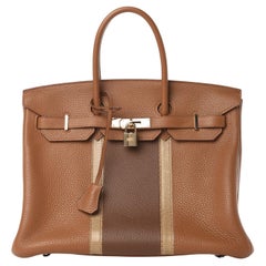 HERMES Birkin 35 Club Cognac Tan Exotic Lizard Stripe Top Handle Tote Bag