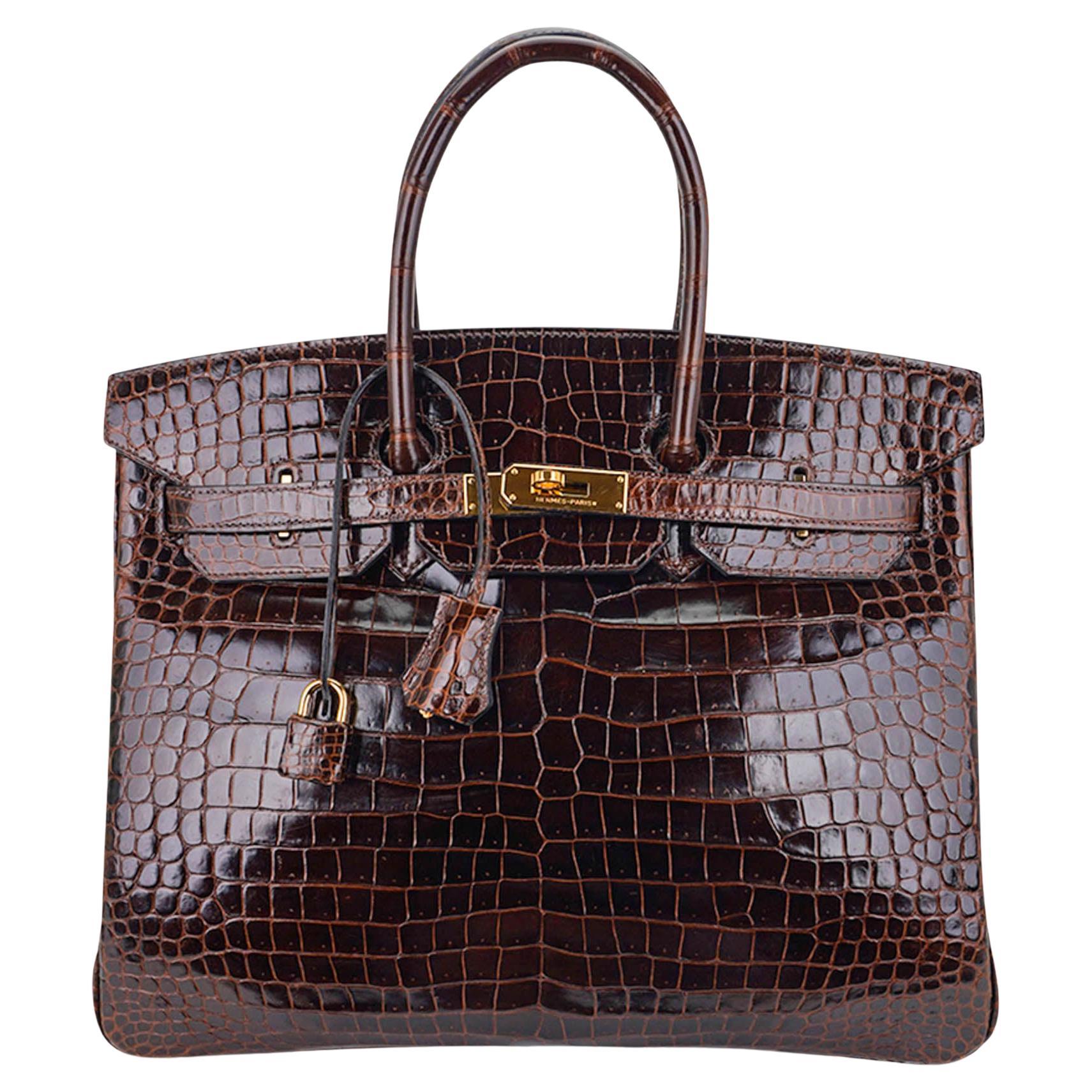 Hermes Birkin 35 Cocoan Porosus Crocodile Bag Gold Hardware For Sale