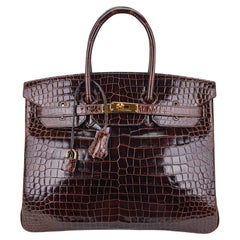 Hermes Birkin 35 Cocoan Porosus Crocodile Bag Gold Hardware