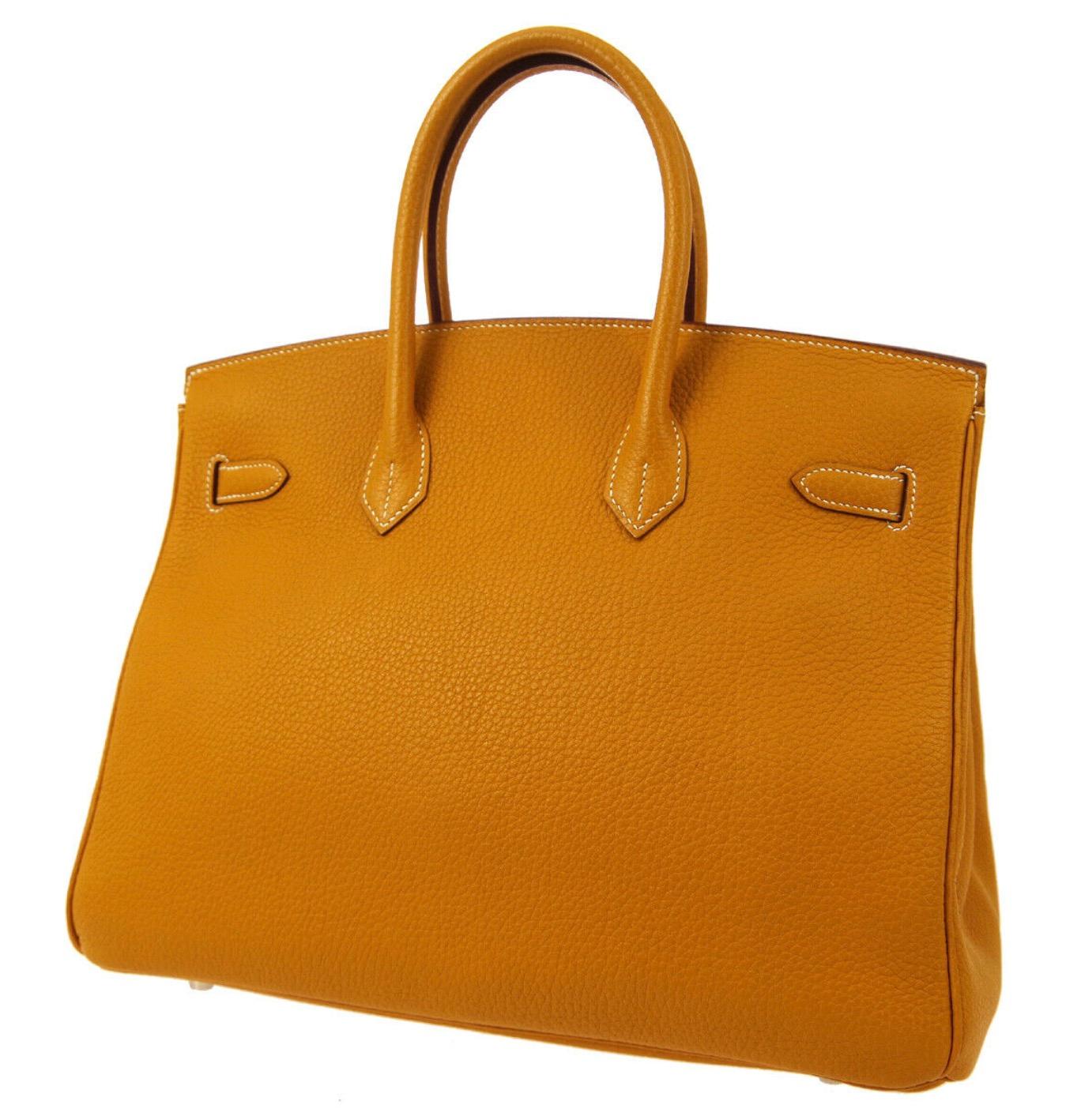 Hermes Birkin 35 Cognac Caramel Leather Silver Top Handle Satchel Tote Bag In Good Condition In Chicago, IL