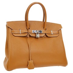 Hermes Birkin 35 Cognac Leather Gold Travel Carryall Top Handle Satchel Tote