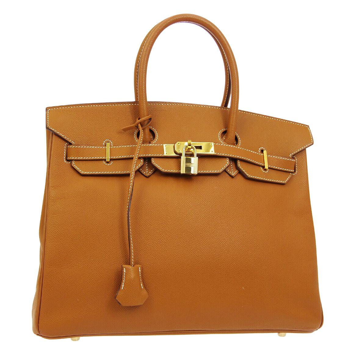 Hermes Birkin 35 Cognac Leather Top Handle Satchel Travel Tote Bag in Box