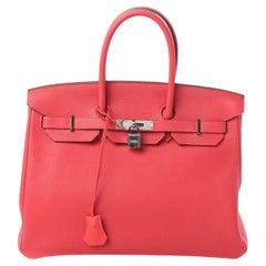 HERMES Birkin 35 Coral Pink Orange Rose Jaipur Leather Top Handle Tote Bag