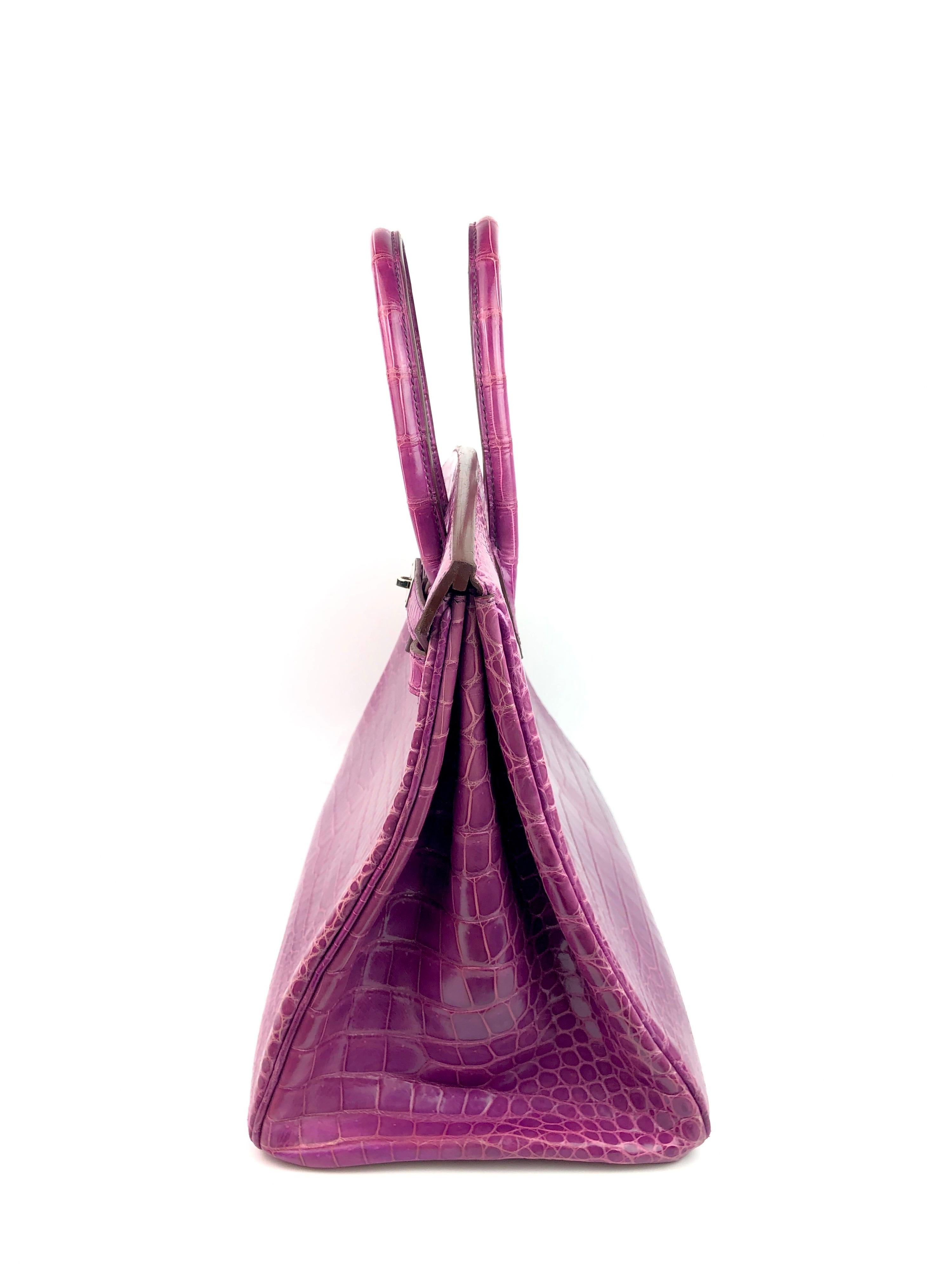 Hermes Birkin 35 Crocodile Cyclamen Purple Pink Palladium Hardware In Excellent Condition In Miami, FL