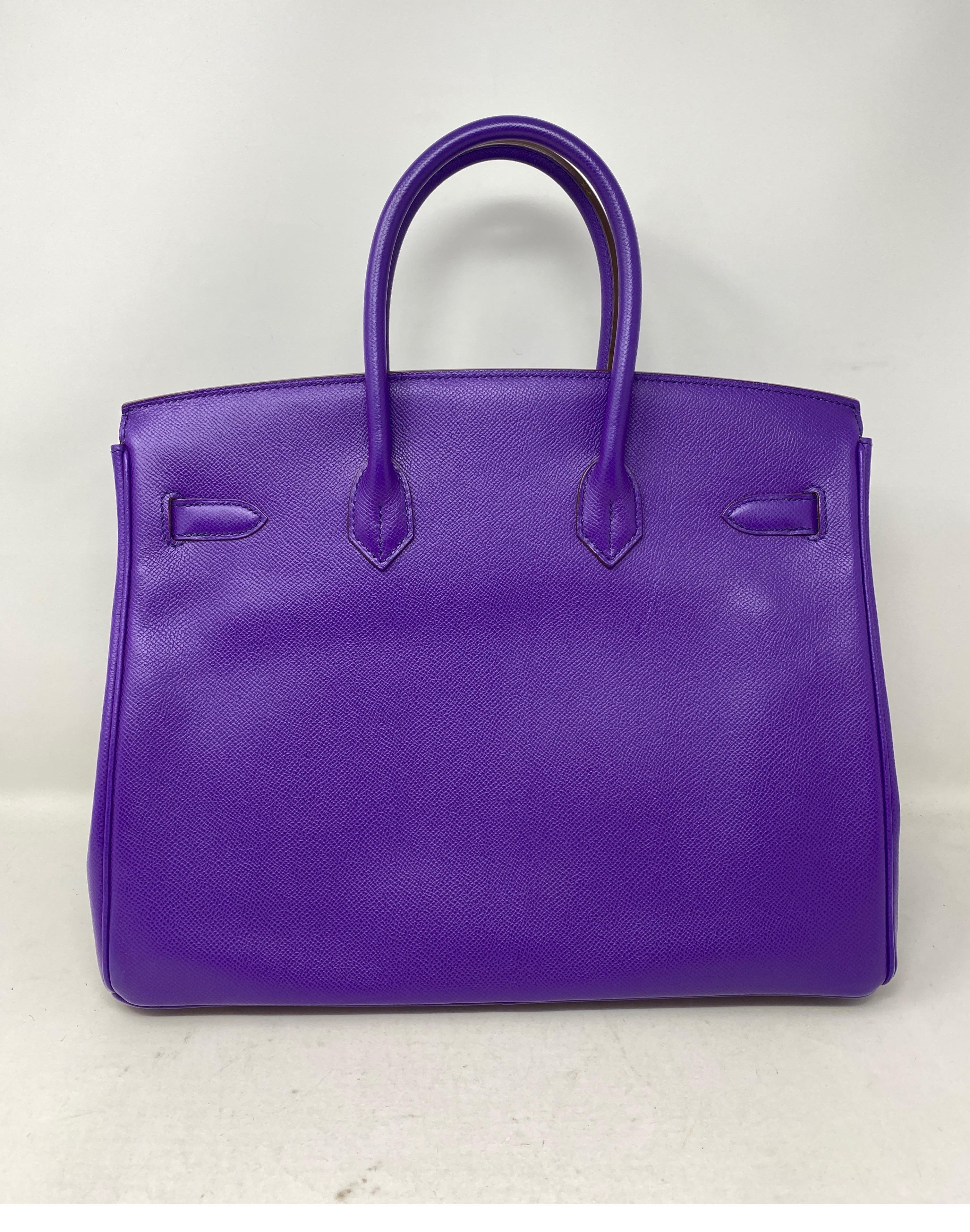 Hermes Birkin Crocus 35 Bag. Vibrant purple epsom leather. Palladium hardware. Excellent condition. Gold hardware. Rare combination. Includes clochette, lock, keys, and dust cover. Guaranteed authentic. Don't miss out on this one. 