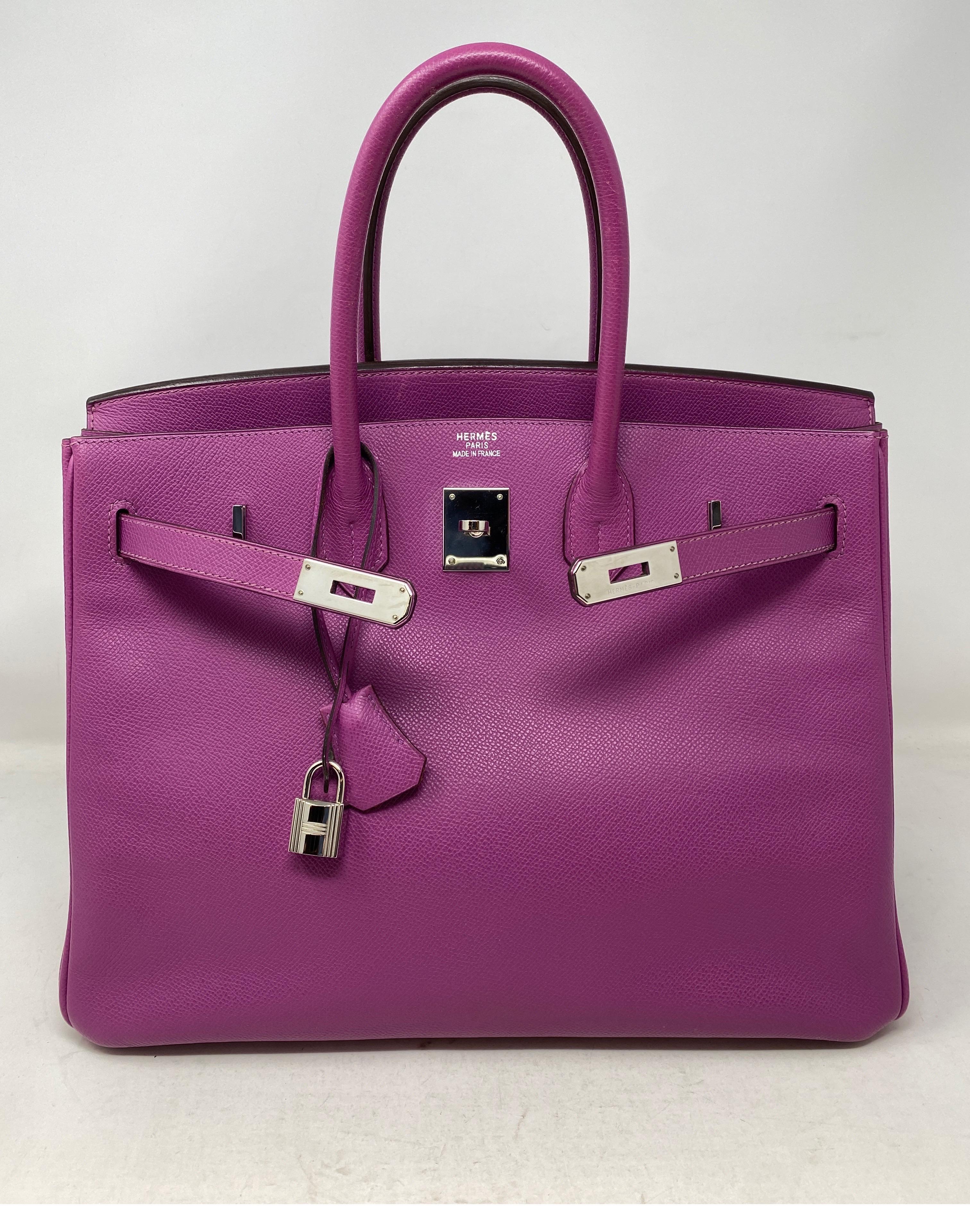 Hermes Birkin 35 Cyclamen Rare Bag. Palladium hardware. Excellent condition. Epsom leather. Includes clochette, lock, keys, and dust cover. Guaranteed authentic. Comes with orange dust cover. 