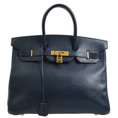 Vintage Hermes Birkin 35 Dark Blue Leather Gold Travel Carryall Top Handle Satchel Tote
