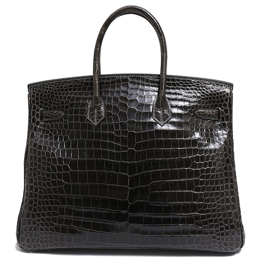 Women's Hermes Birkin 35 Dark Gray Crocodile Exotic Top Handle Satchel Tote Bag