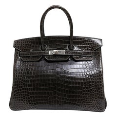 Hermes Birkin 35 Dark Gray Crocodile Exotic Top Handle Satchel Tote Bag