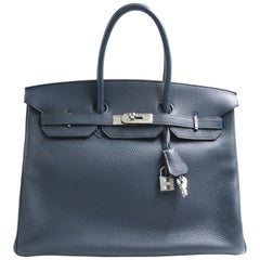 Hermès Birkin 35 Dark with Palladium Hardware Togo Blue Leather Tote