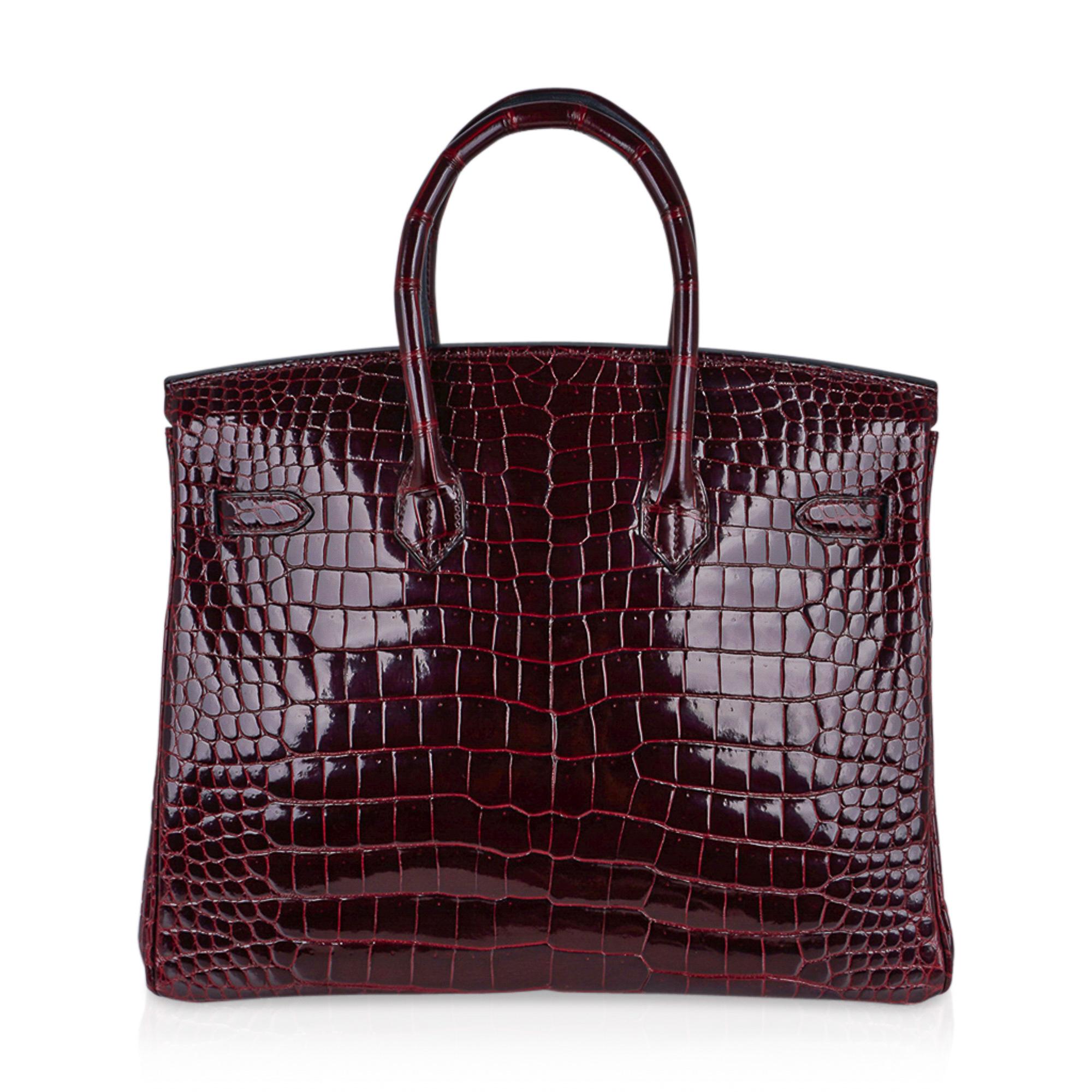 Birkin 35 Diamant Bordeaux Porosus Krokodil-Tasche mit weißen Goldbeschlägen im Angebot 4