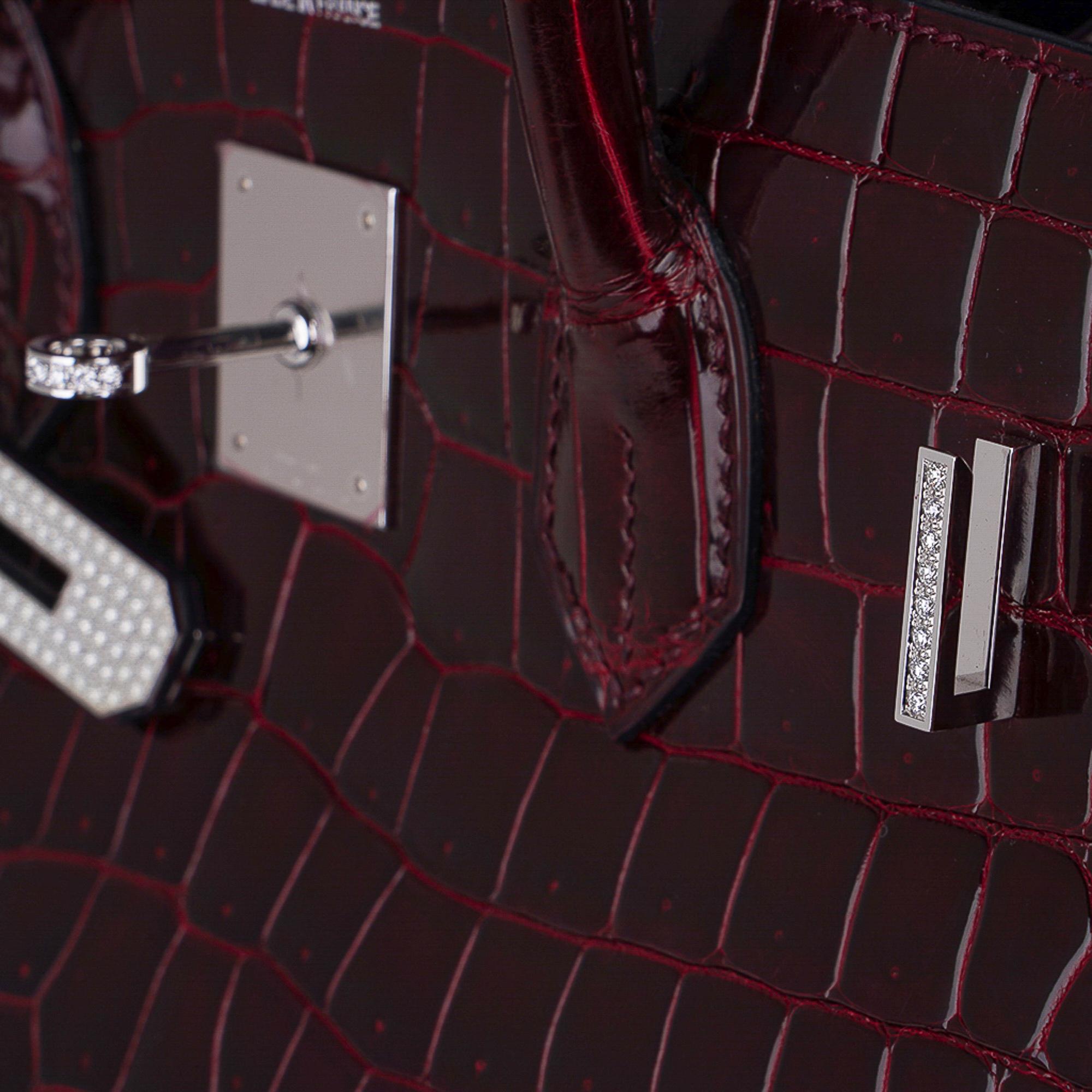 Hermes Birkin Limited Edition 35 Diamond Bordeaux Porosus Crocodile Bag For Sale 2
