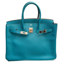 Sac Hermes Birkin 35 Epsom Bleu Paon PHW
