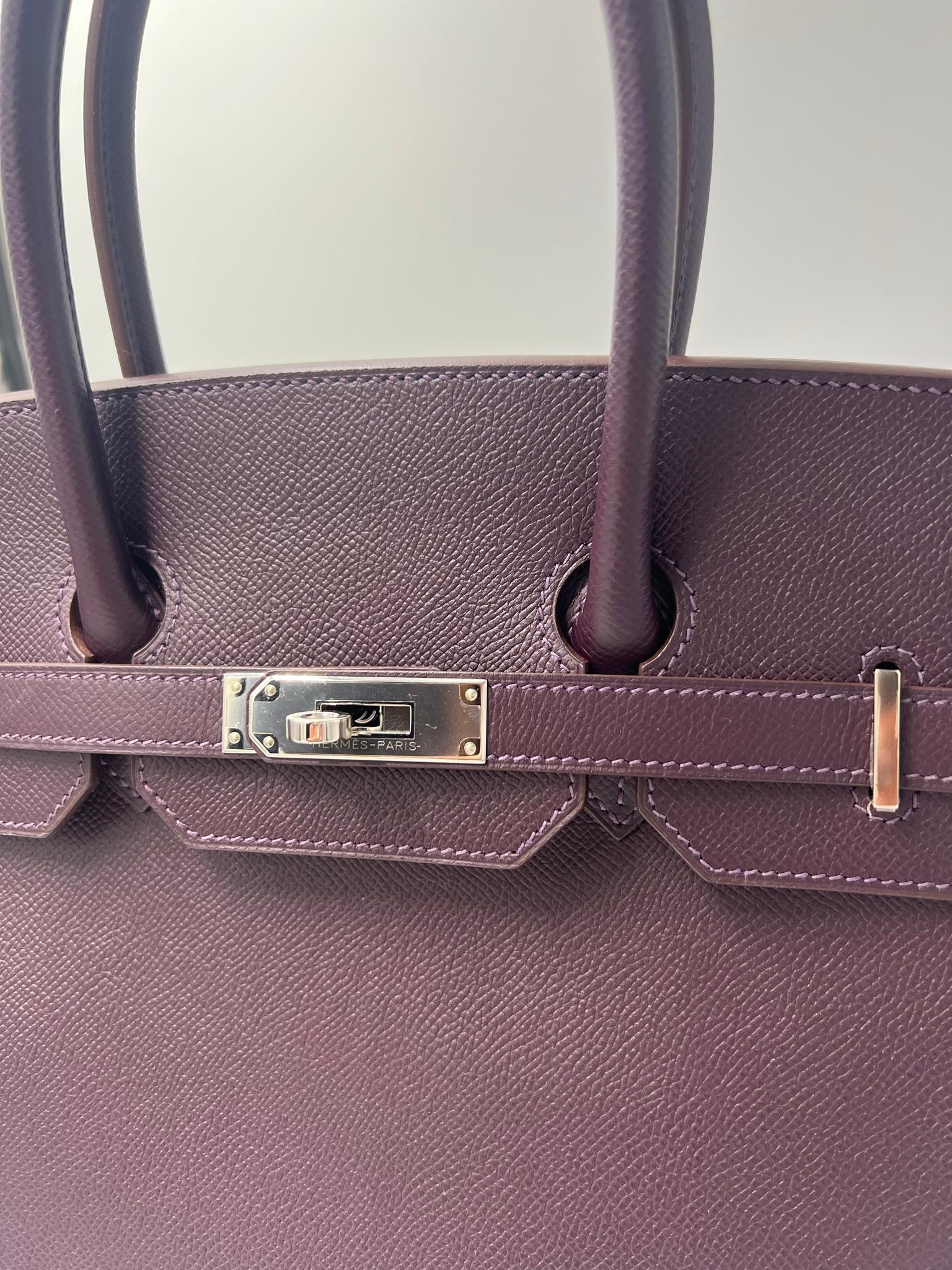 Hermes Birkin 35 bag Special order in Epsom leather and Palladium Hardware, Prune color with purple stitching. All sealed hardware. Comes with clochette, lock and keys and dustbag. A stamp, kept unused