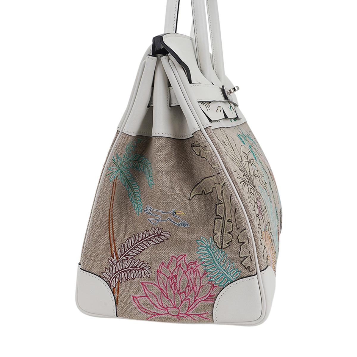 Hermes Birkin 35 Faubourg Tropical Toile White Swift Leather Limited Edition Bag For Sale 8