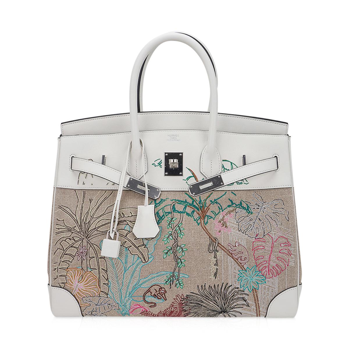 Gray Hermes Birkin 35 Faubourg Tropical Toile White Swift Leather Limited Edition Bag For Sale
