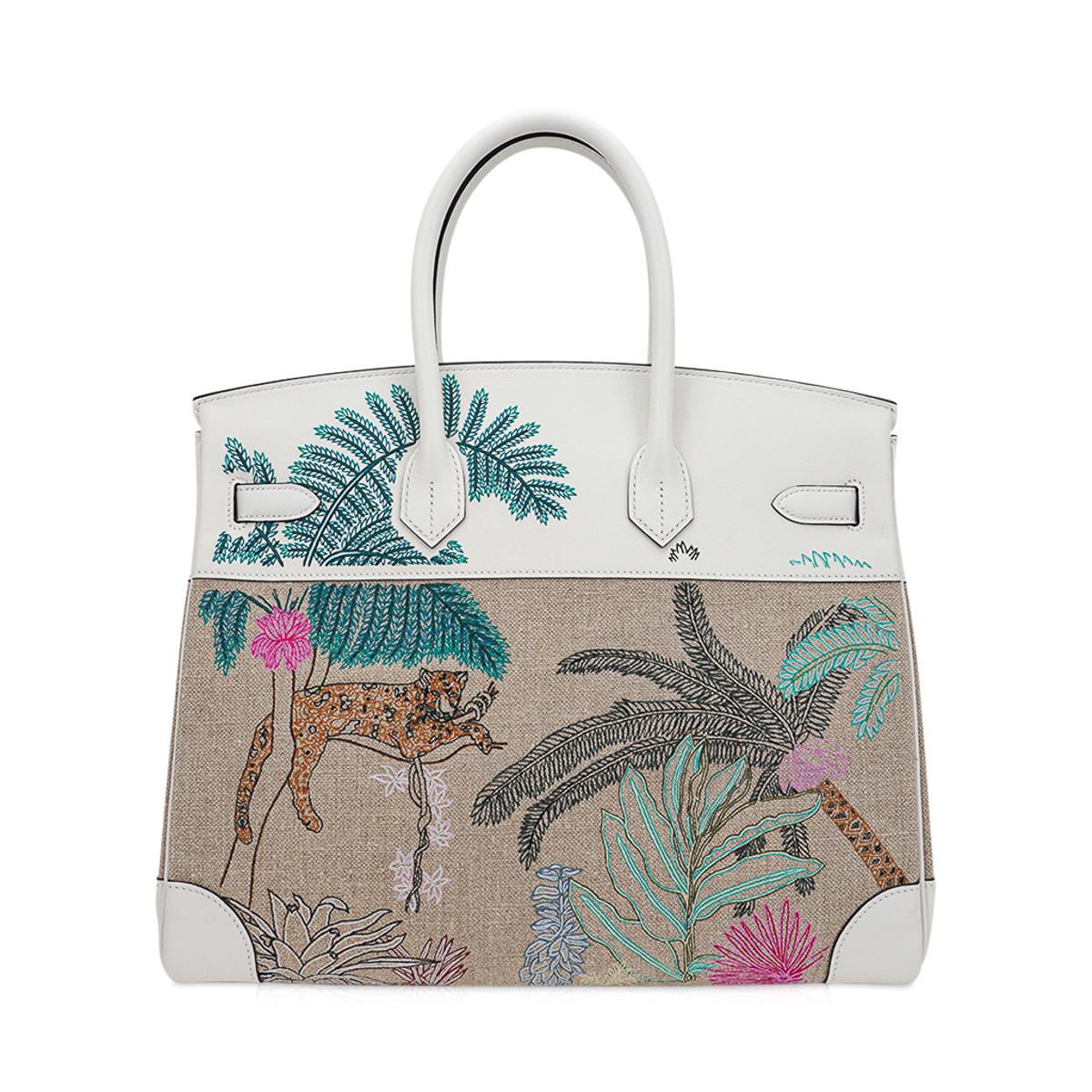 Women's Hermes Birkin 35 Faubourg Tropical Toile White Swift Leather Limited Edition Bag For Sale